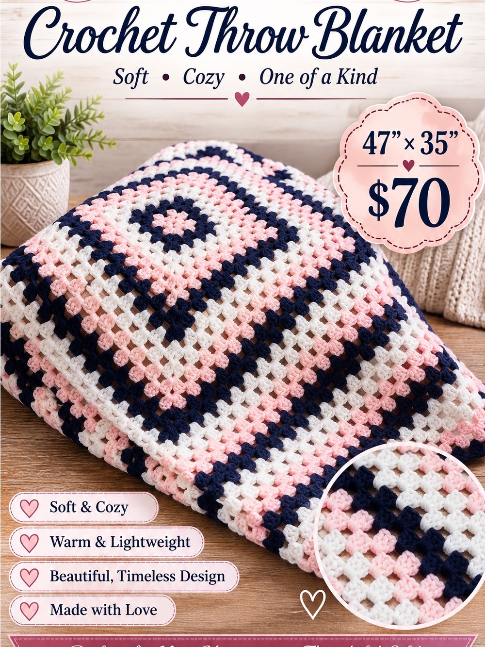 Hand Crafted Crochet Throw Blanket in Pink, Navy & White